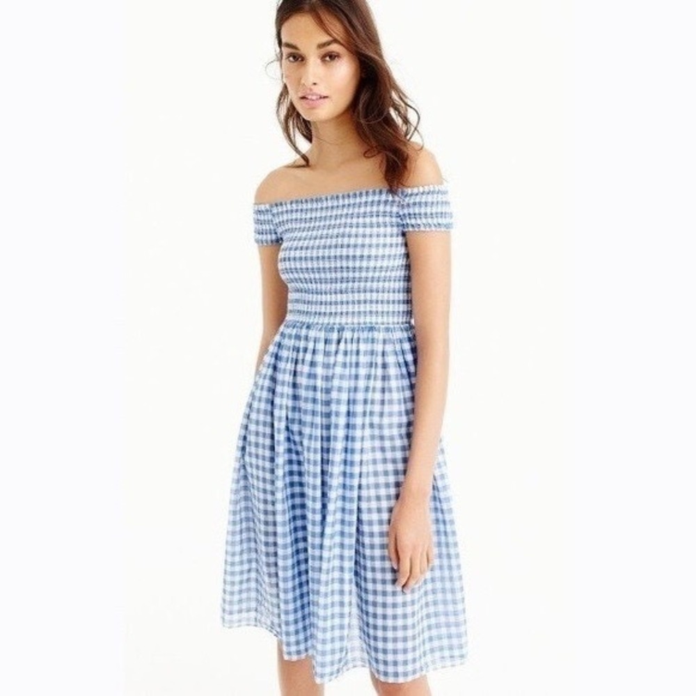 J Crew Gingham Dress Womens S Blue White Smocked Off Shoulder Cotton Knee